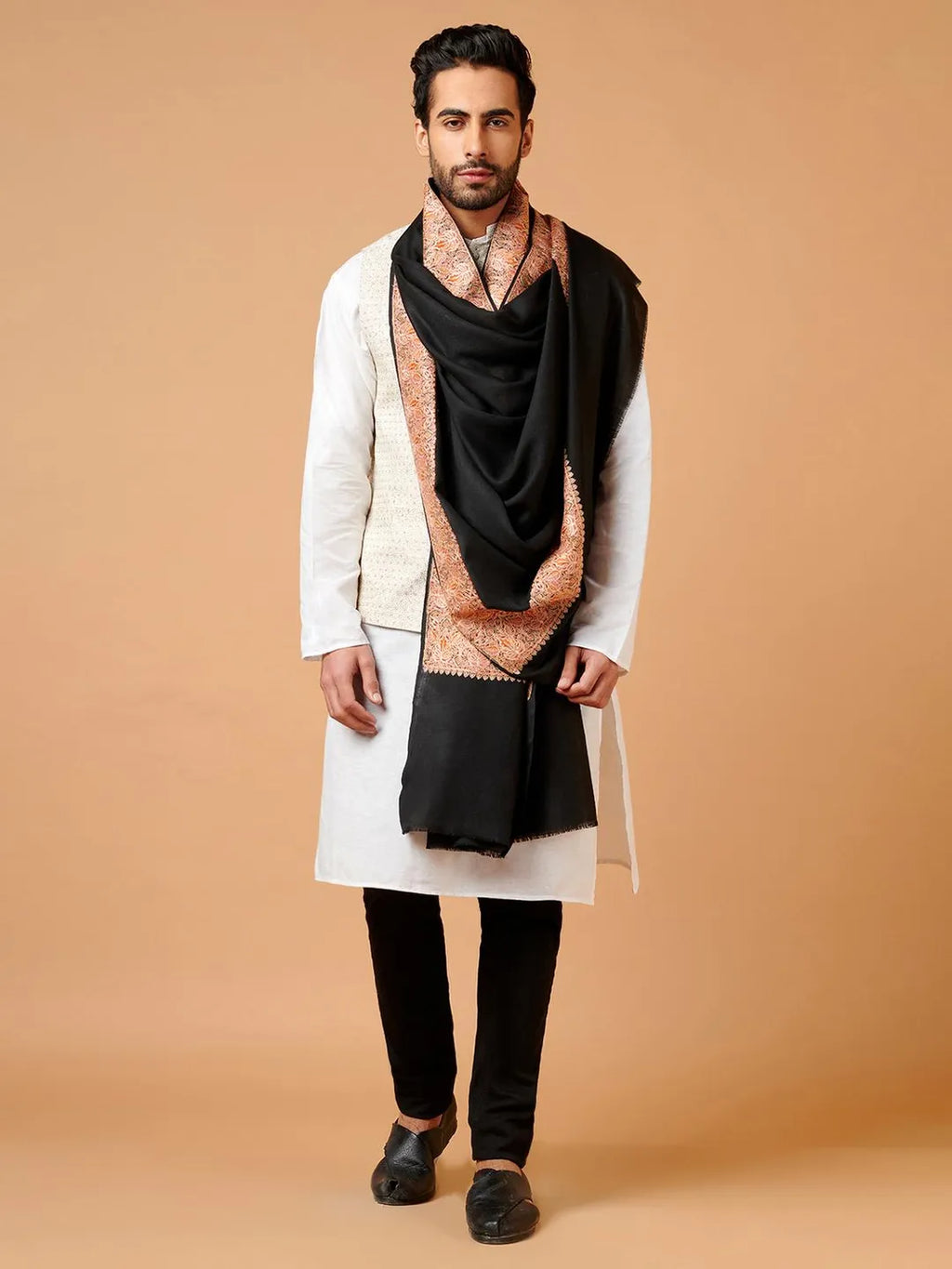 Classic Shawl Wool Blend with Aari Embroidery Pattern in Black