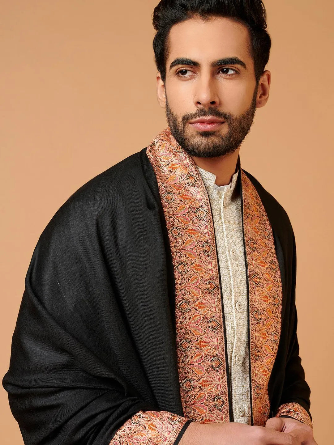 Classic Shawl Wool Blend with Aari Embroidery Pattern in Black