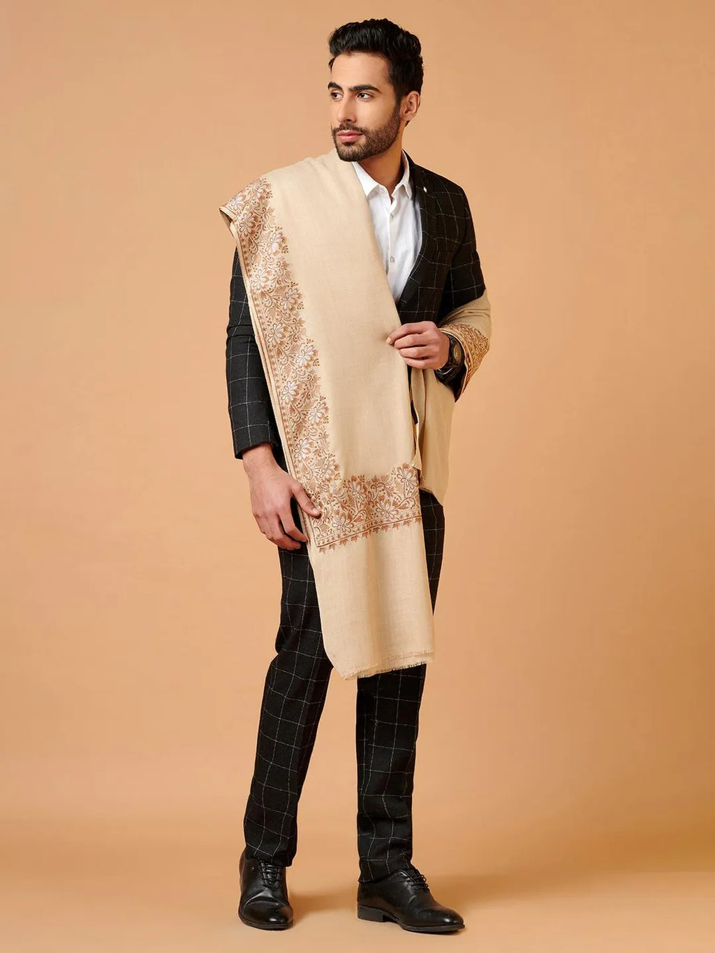 Classic Shawl Wool Blend with Aari Embroidery Pattern in Beige