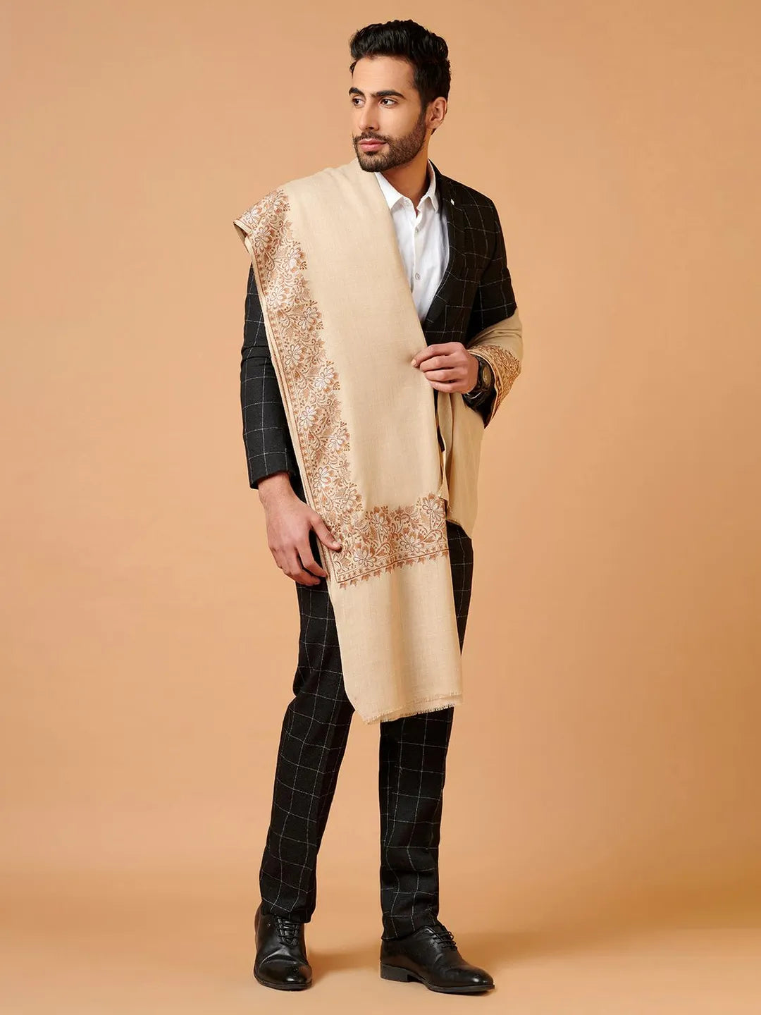 Classic Shawl Wool Blend with Aari Embroidery Pattern in Beige