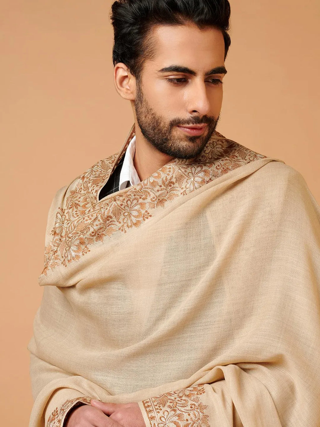 Classic Shawl Wool Blend with Aari Embroidery Pattern in Beige