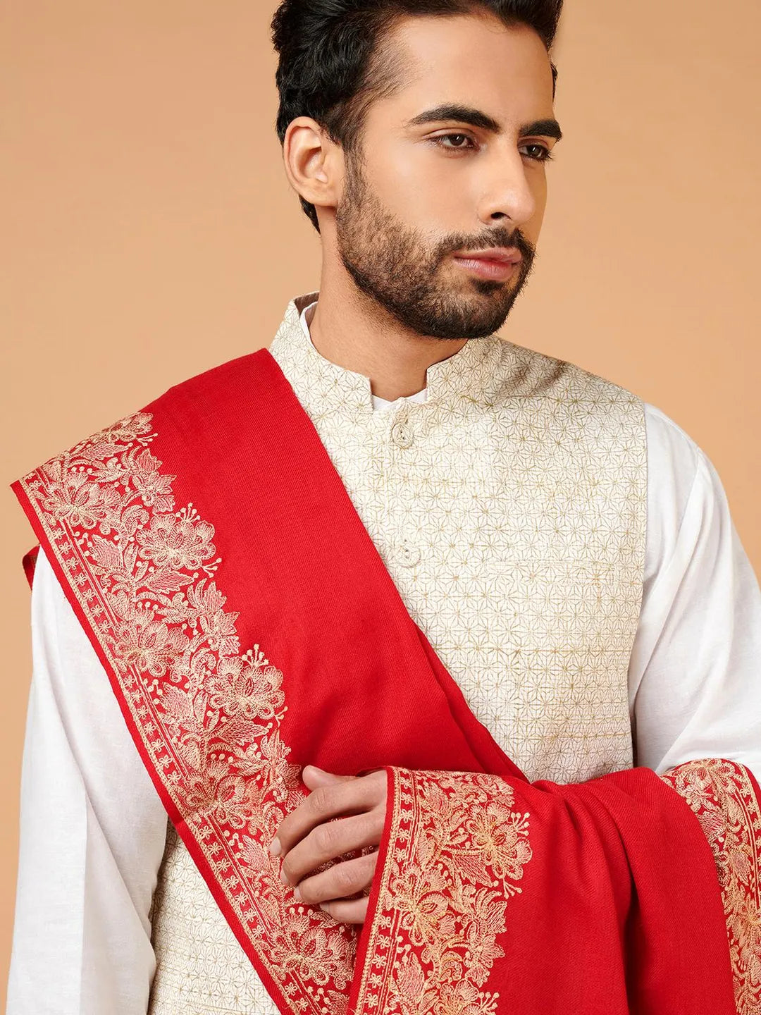 Classic Shawl Wool Blend with Aari Embroidery Pattern in Red