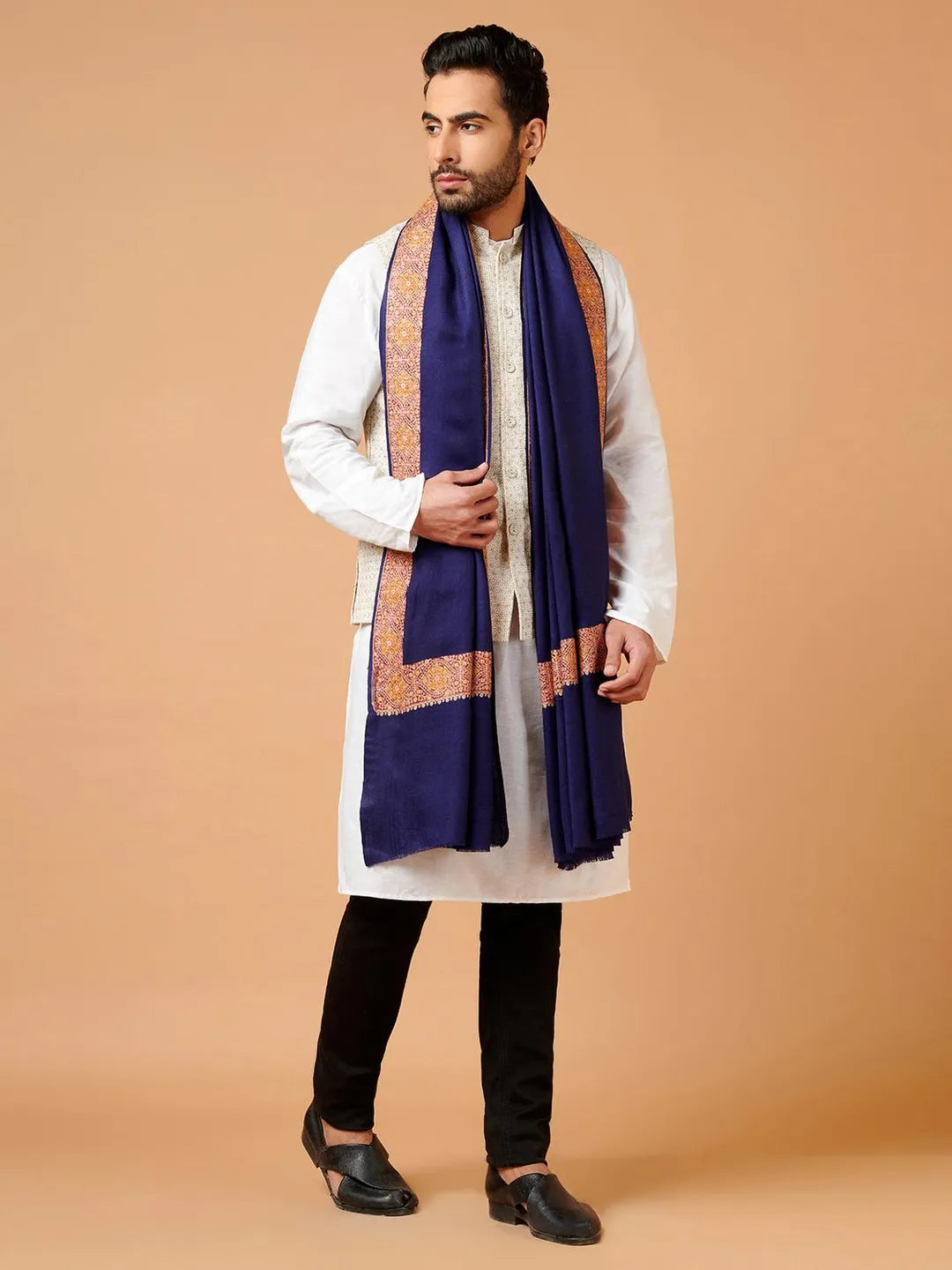 Elegant Shawl Wool Blend with Aari Embroidery Pattern in Blue