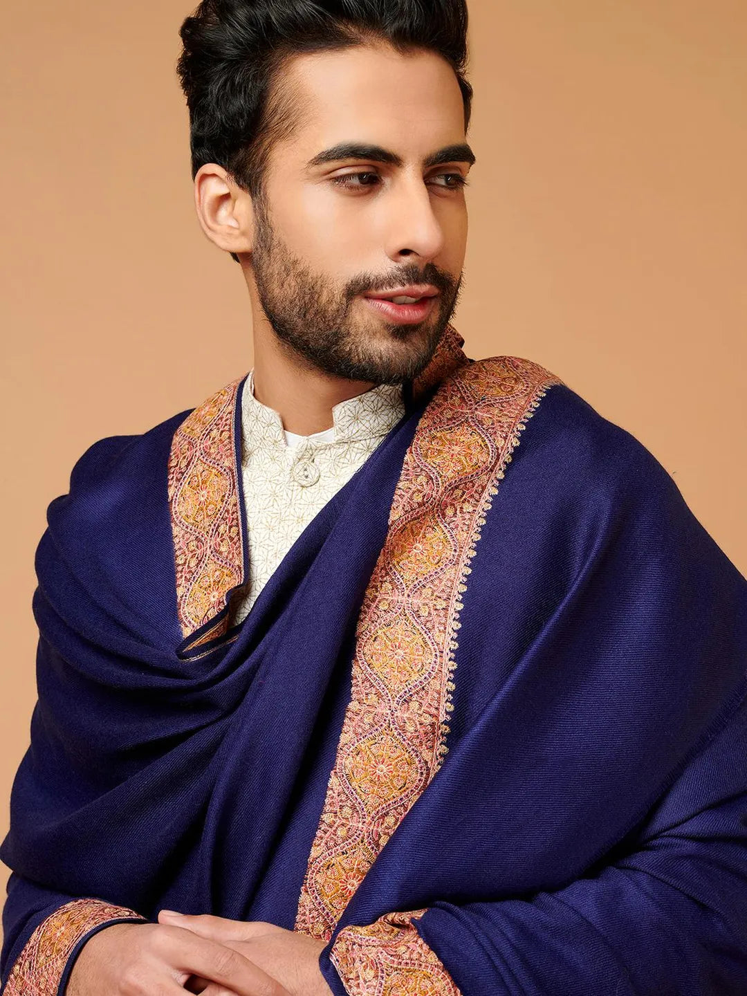Elegant Shawl Wool Blend with Aari Embroidery Pattern in Blue