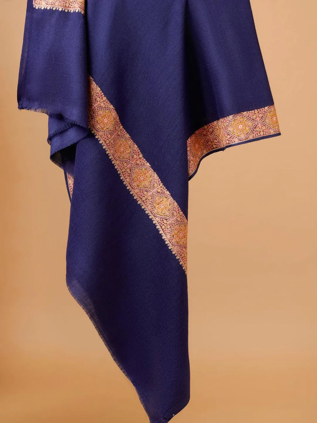 Elegant Shawl Wool Blend with Aari Embroidery Pattern in Blue