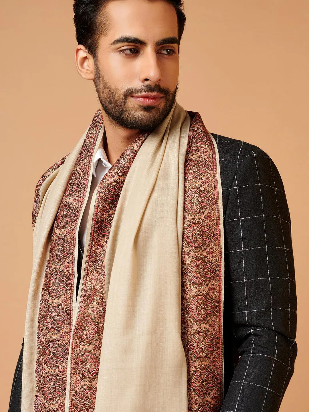 Classic Shawl Wool Blend with Aari Embroidery Pattern in Beige