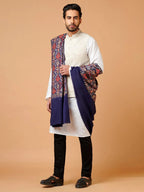 Elegant Shawl Wool Blend with Aari Embroidery Pattern in Blue