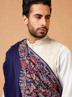 Elegant Shawl Wool Blend with Aari Embroidery Pattern in Blue