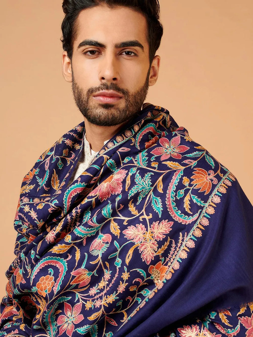 Classic Shawl Wool Blend with Aari Embroidery Pattern in Blue
