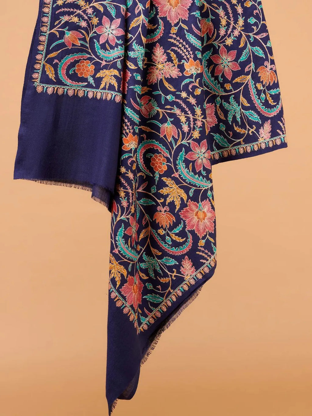 Classic Shawl Wool Blend with Aari Embroidery Pattern in Blue