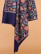 Classic Shawl Wool Blend with Aari Embroidery Pattern in Blue