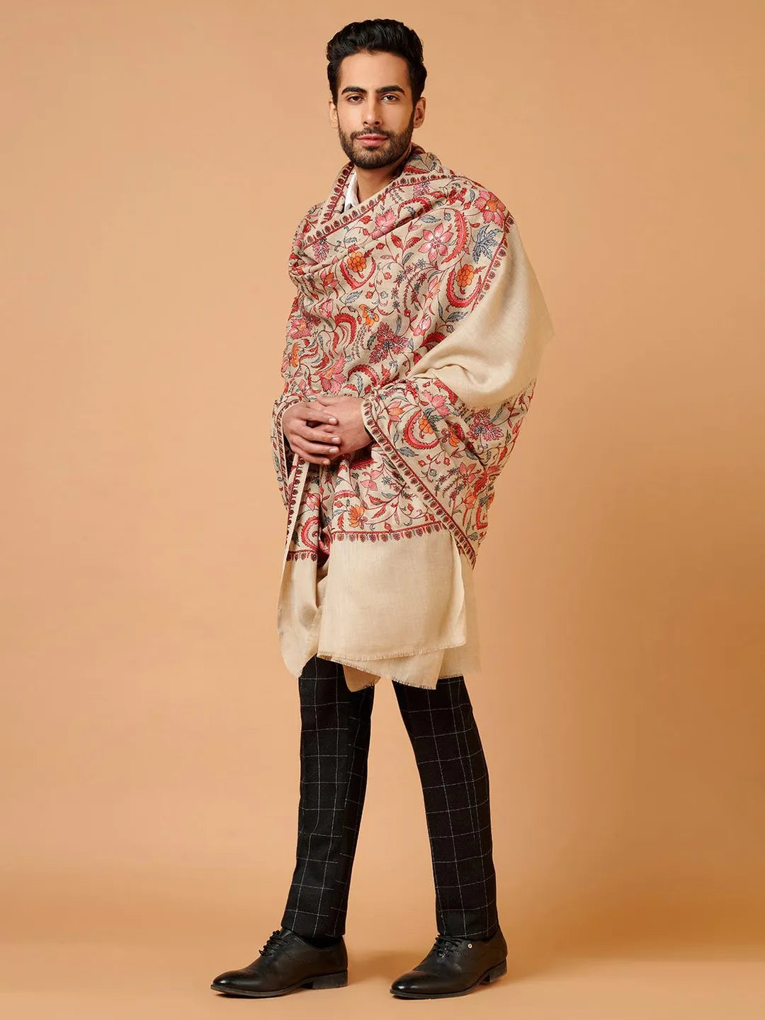 Classic Shawl Wool Blend with Aari Embroidery Pattern in Beige