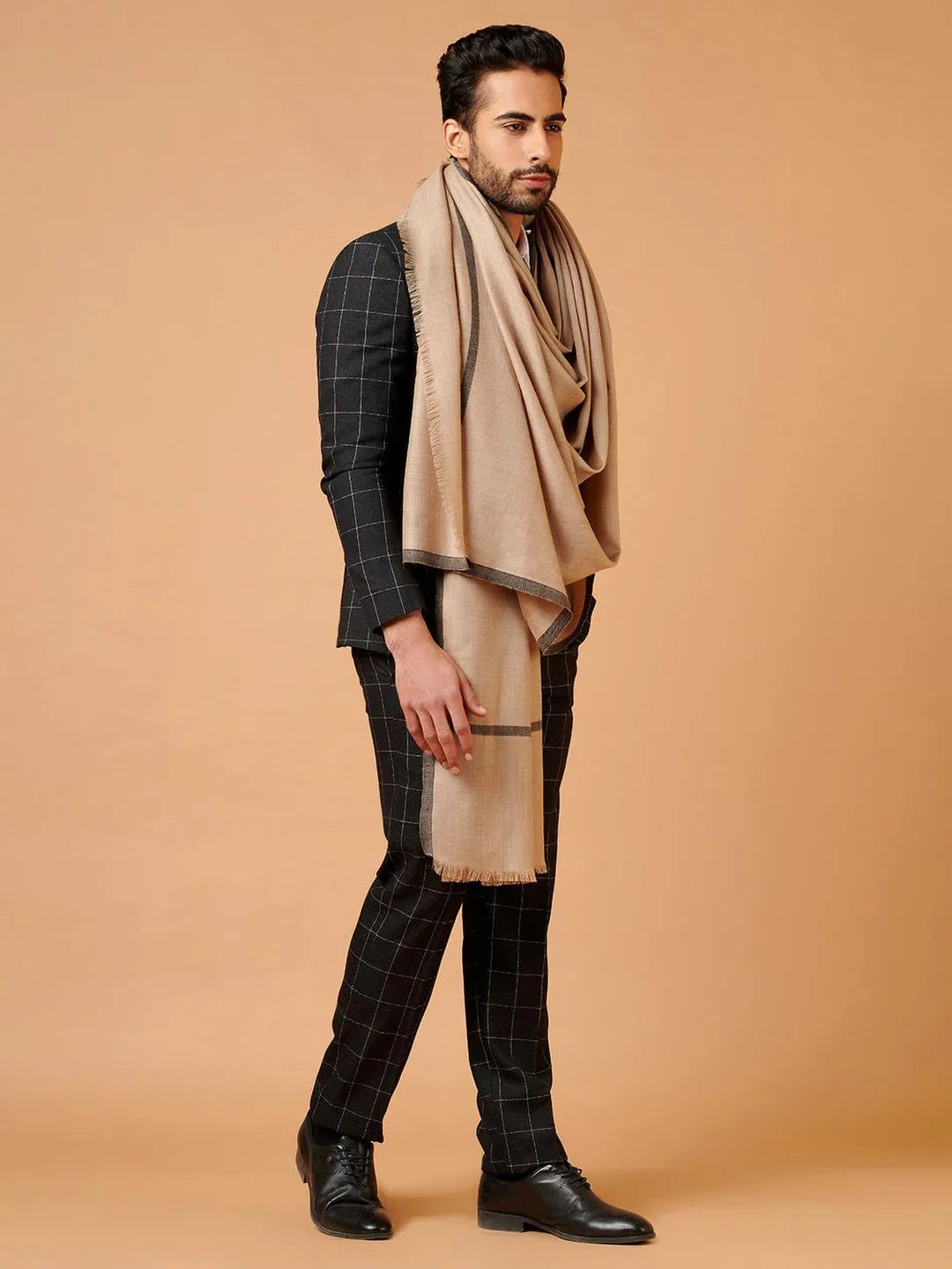 Elegant Shawl Wool Blend with Gents Kaani Pattern in Beige