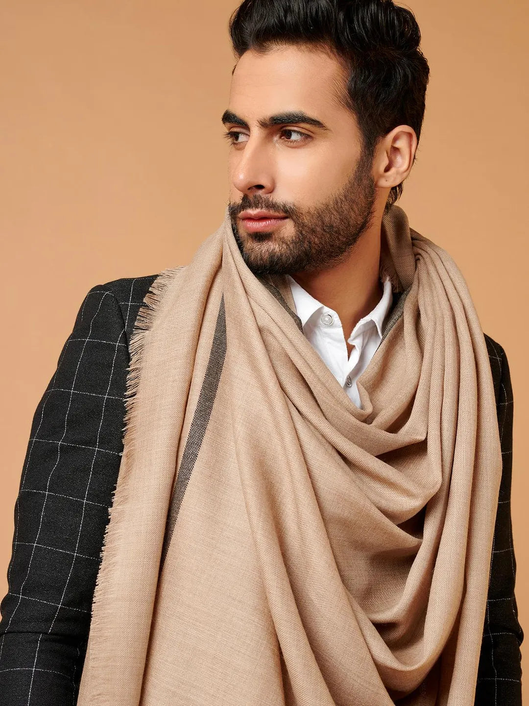 Elegant Shawl Wool Blend with Gents Kaani Pattern in Beige