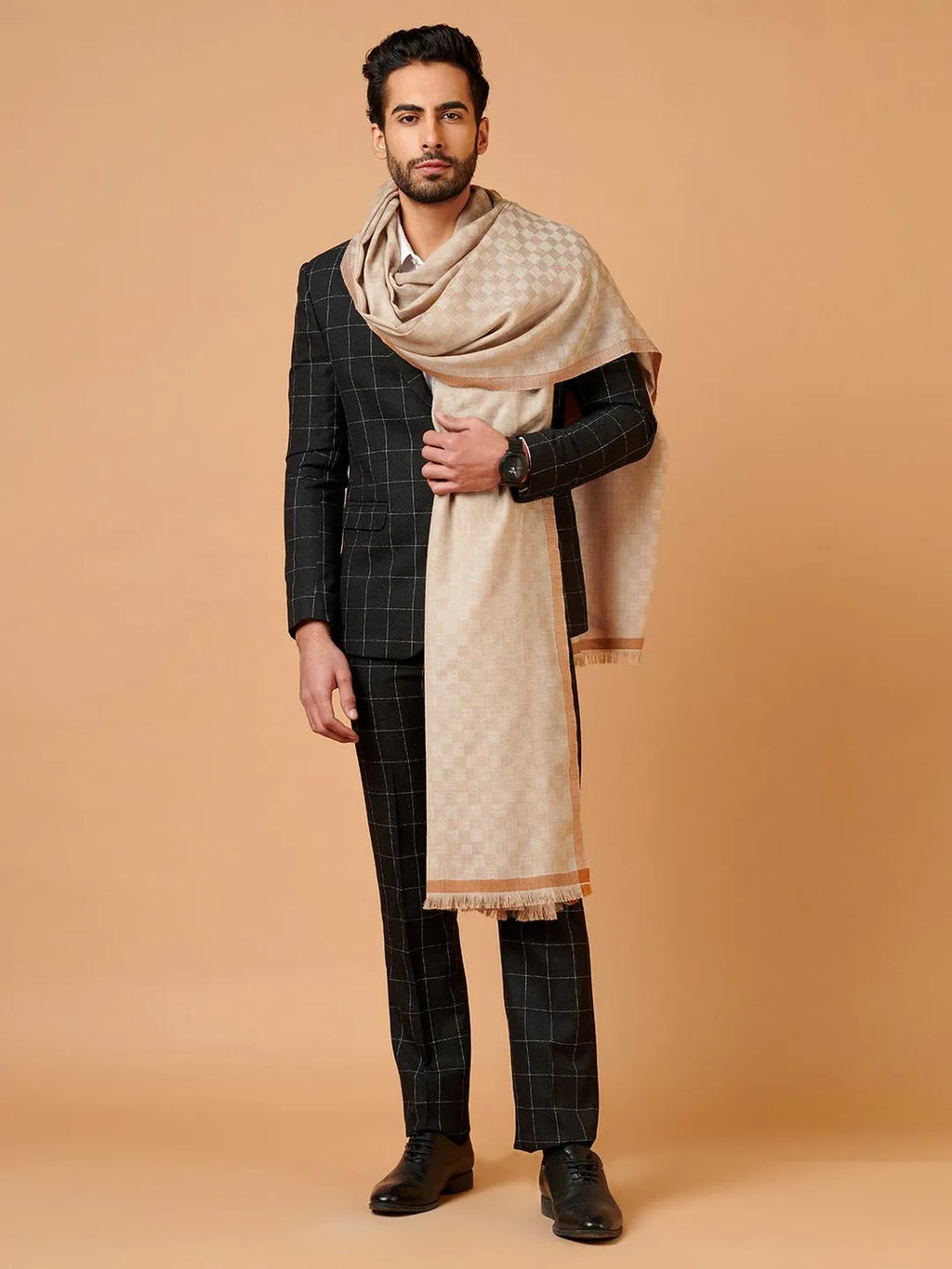 Classic Shawl Wool Blend with Gents Check Pattern in Beige