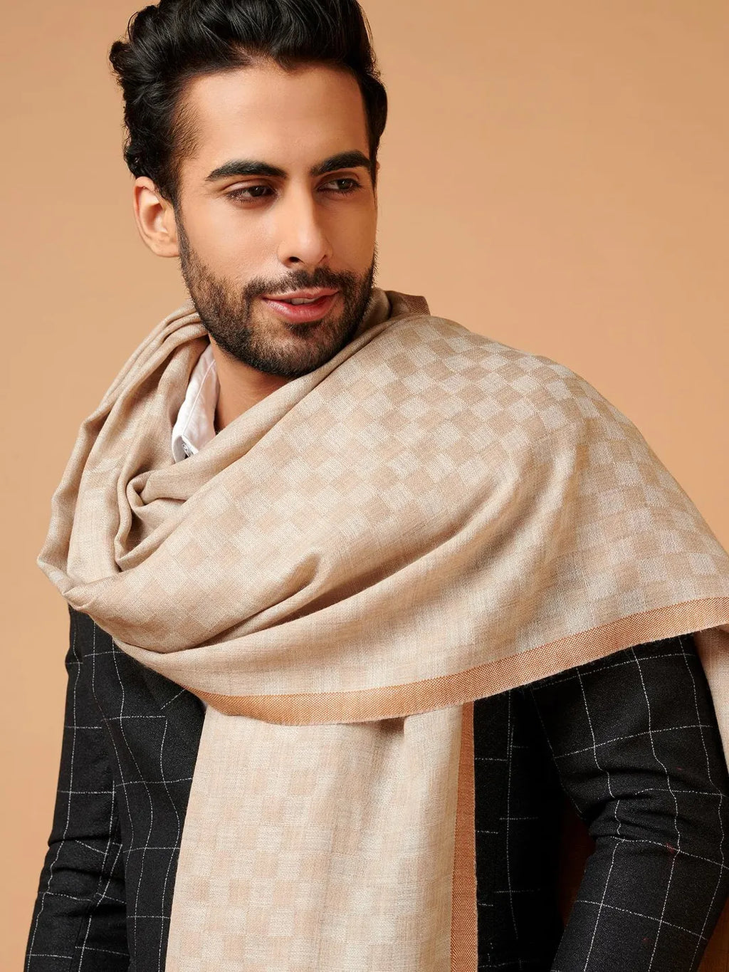 Classic Shawl Wool Blend with Gents Check Pattern in Beige
