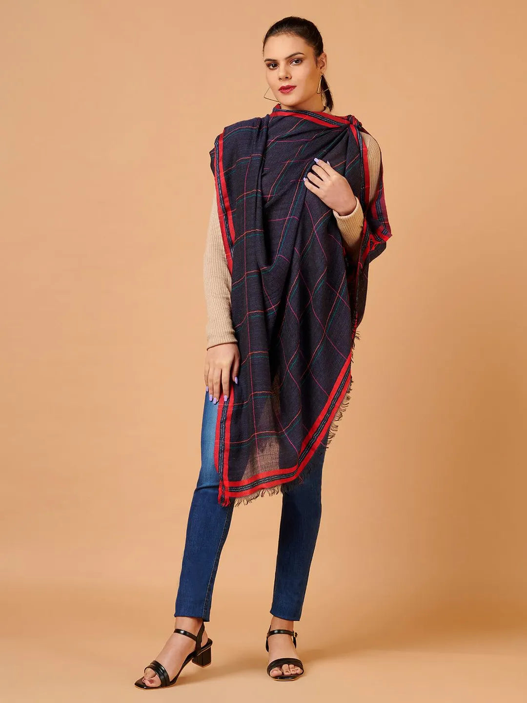 Elegant Shawl Wool Blend with Dobby Pattern in Blue