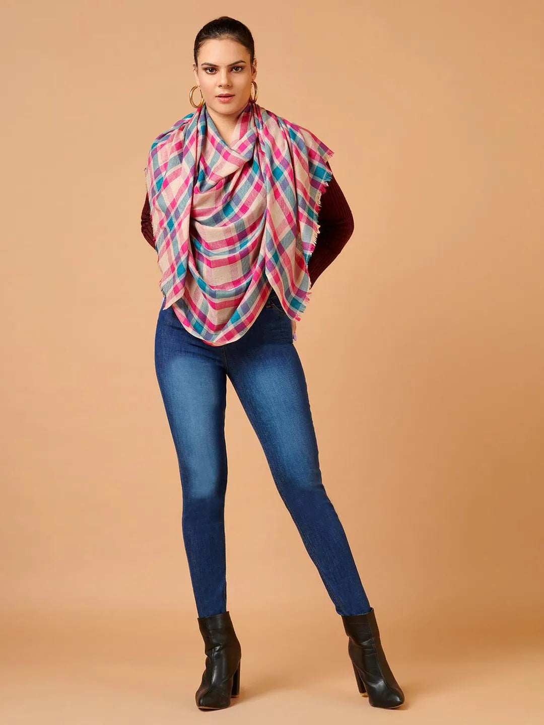 Elegant Stole Wool Blend with Check Pattern in Multi