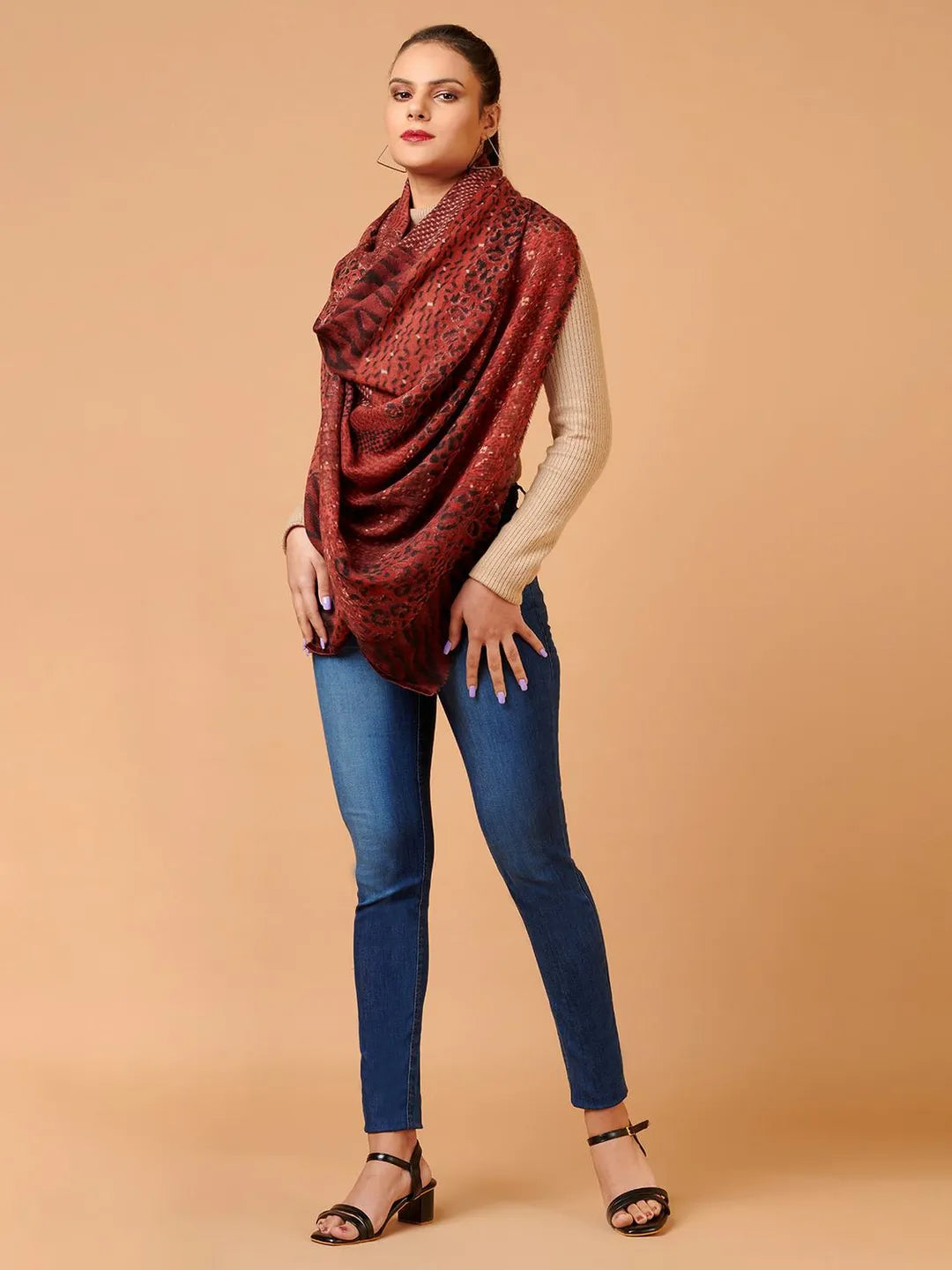 Elegant Shawl Wool Blend with Printed Pattern in Multi