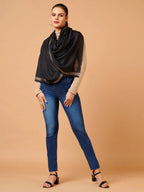 Elegant Stole Wool Blend with Dobby Pattern in Black