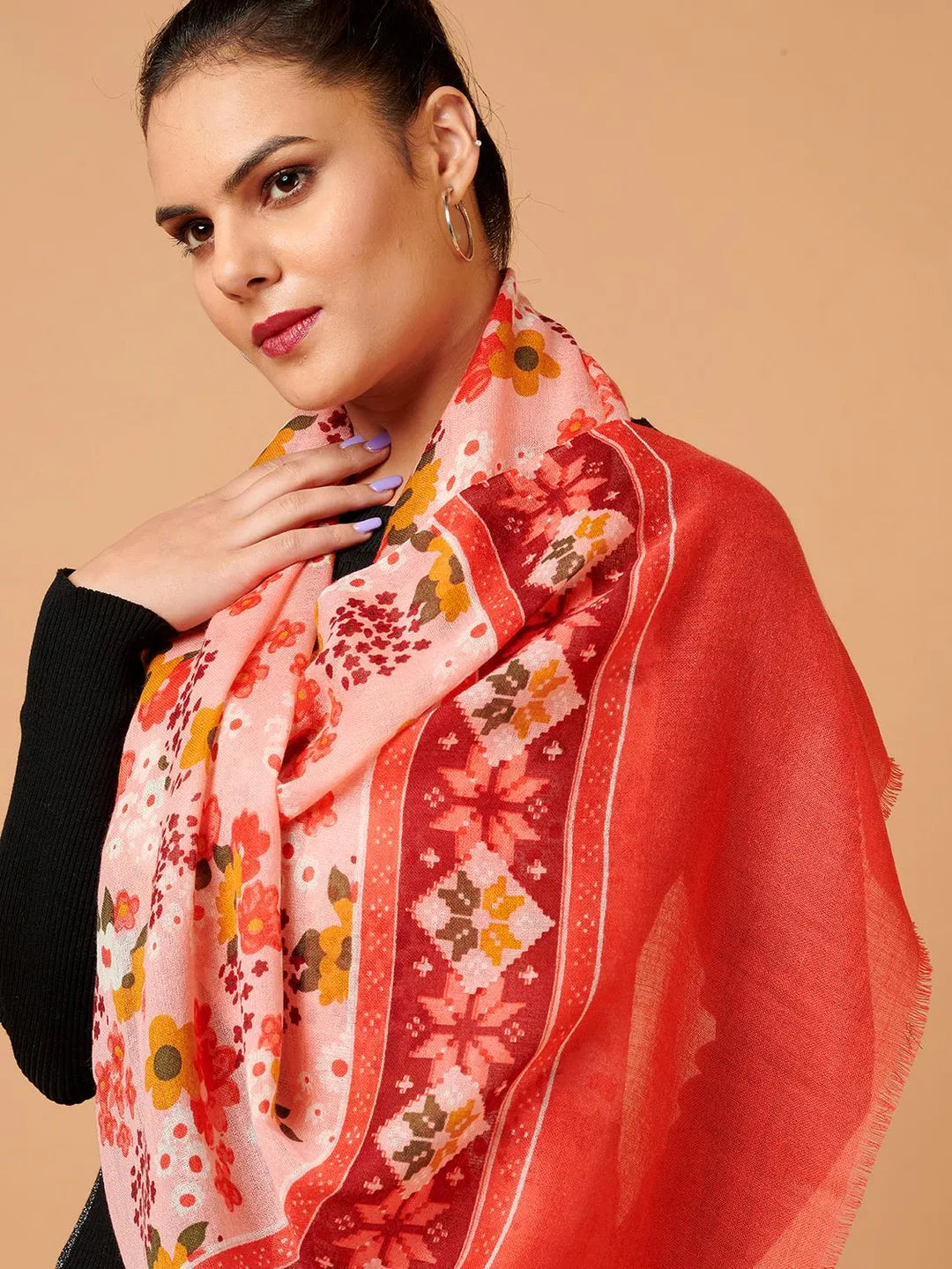 Elegant Stole Wool Blend with Printed Pattern in Multi