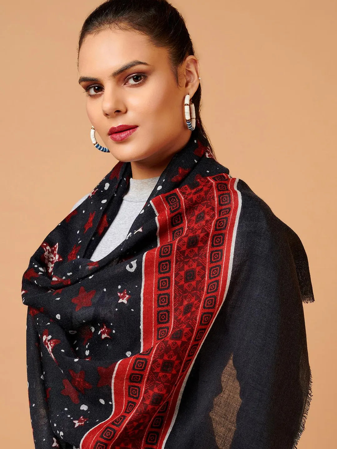 Elegant Stole Wool Blend with Printed Pattern in Multi