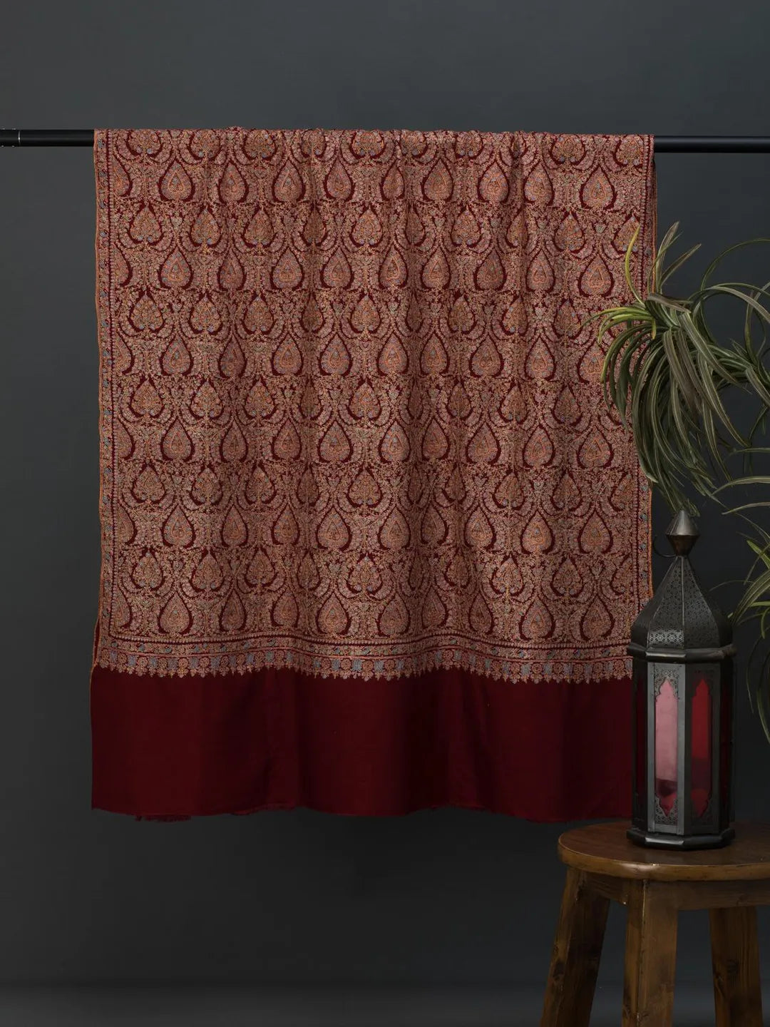 Classic Handloom Pashmina Shawl Jama Embroidery in Maroon