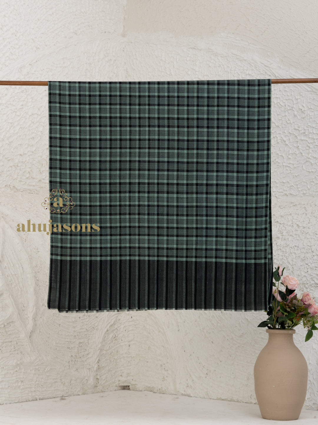 Black Handloom Pure Pashmina Shawl — Intricate Check Pattern