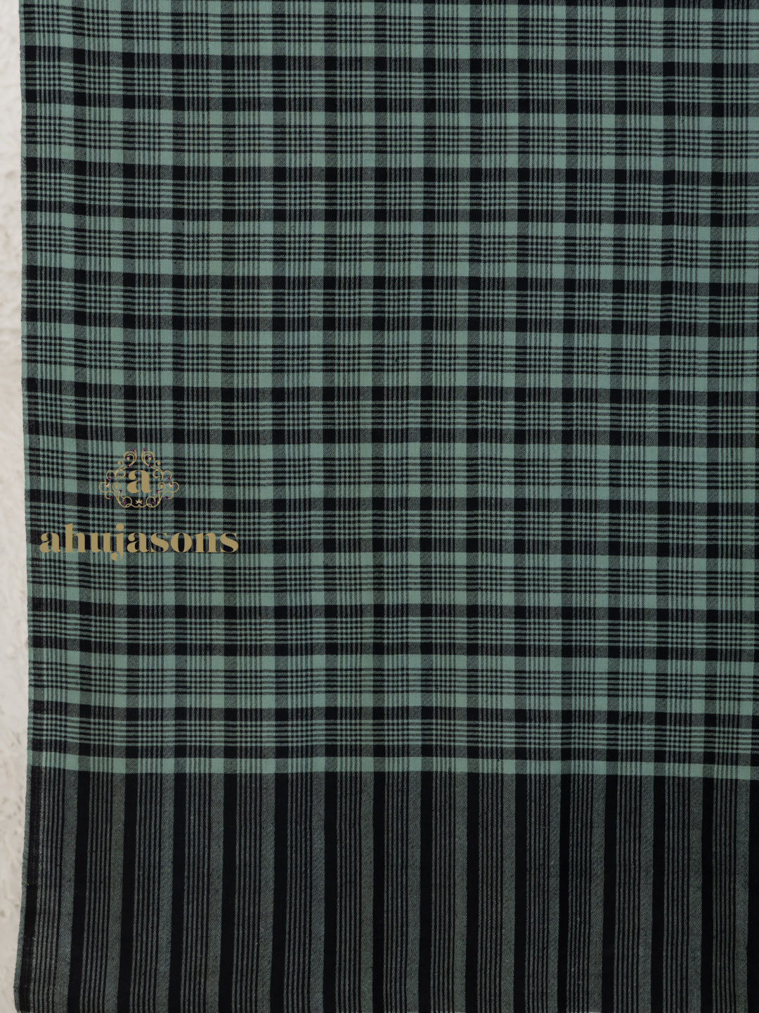 Black Handloom Pure Pashmina Shawl — Intricate Check Pattern