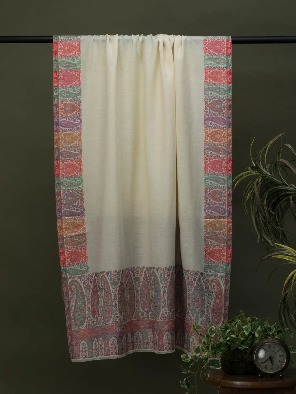 Classic Shawl Wool Blend with Kaani Pattern in White