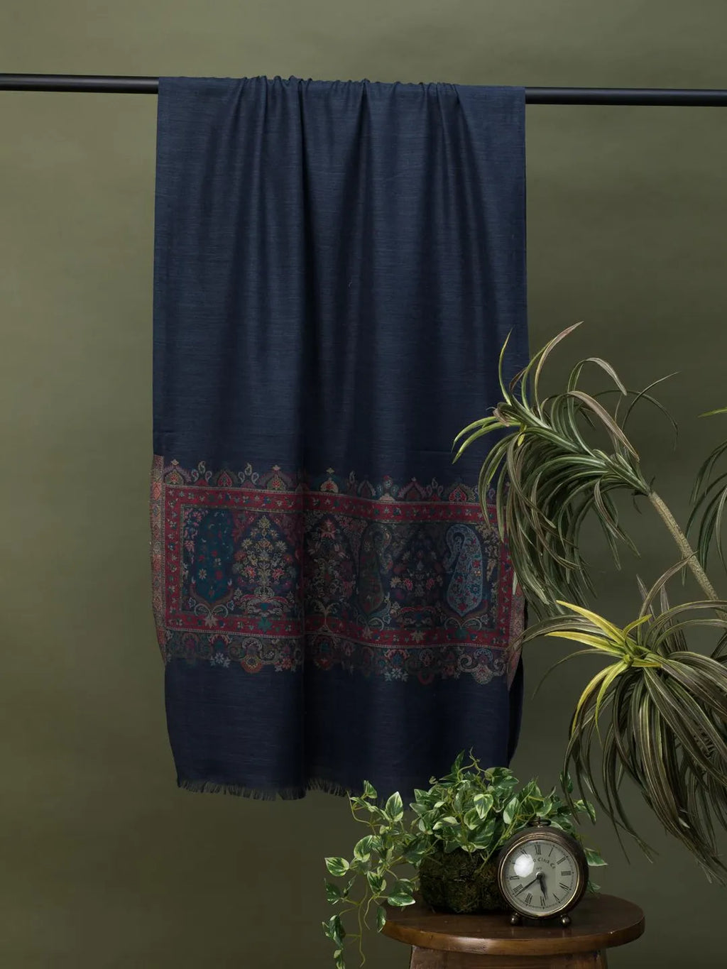 Elegant Stole Wool Blend with Palla With Zari Pattern in Blue