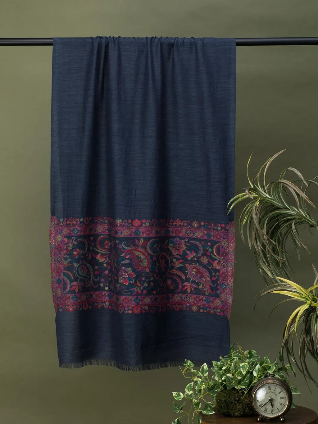 Elegant Stole Wool Blend with Palla With Zari Pattern in Blue