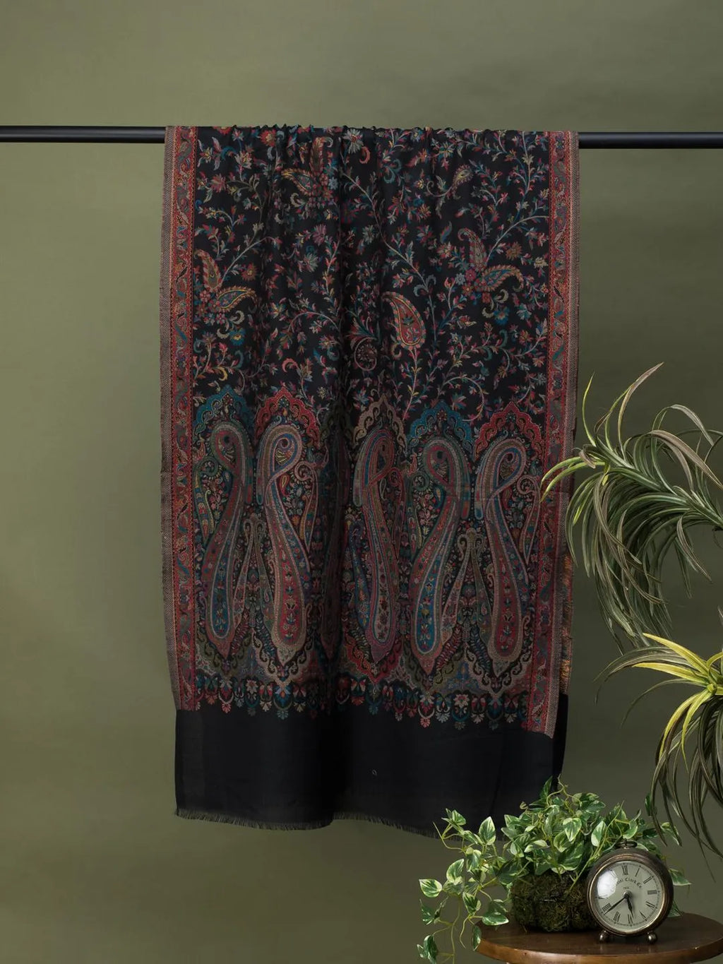 Elegant Stole Wool Blend with Jaal With Zari Pattern in Black