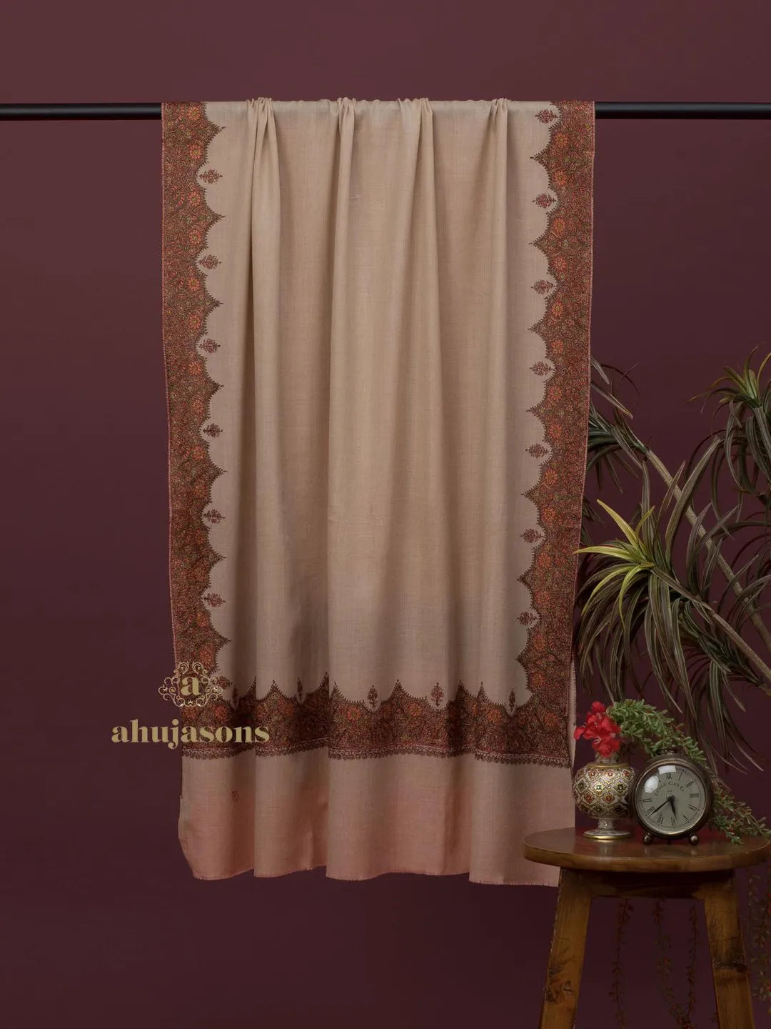 Elegant Cashmina Shawl with Fancy Border Pattern in Beige