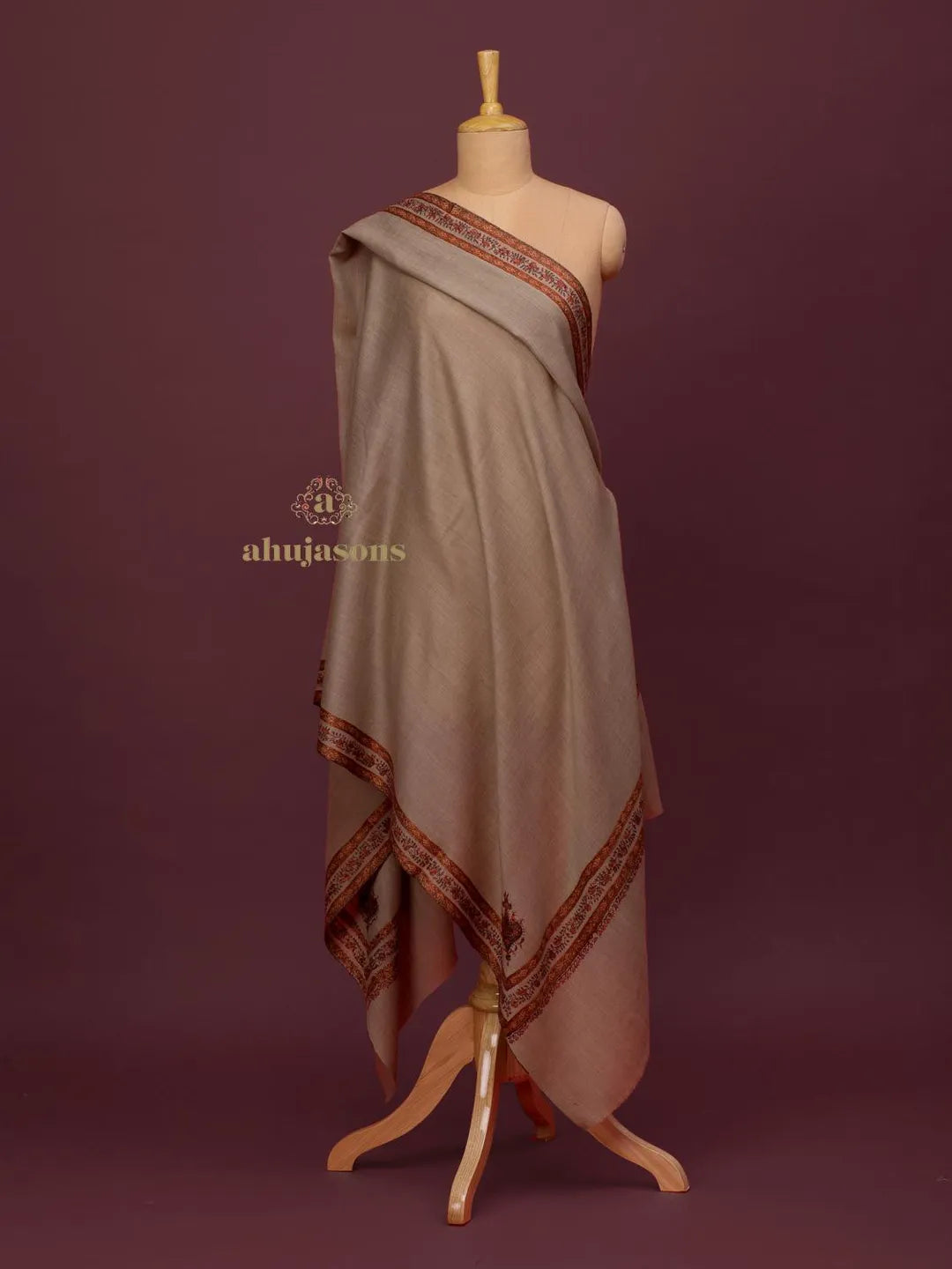 Classic Cashmina Shawl with Fancy Border Pattern in Beige