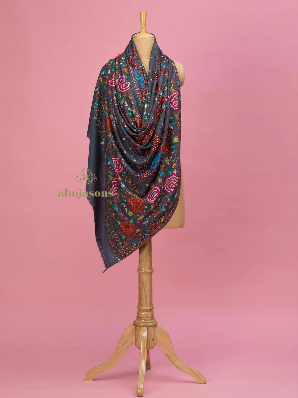 Elegant Handloom Pashmina Shawl Paper Mache Art in Grey