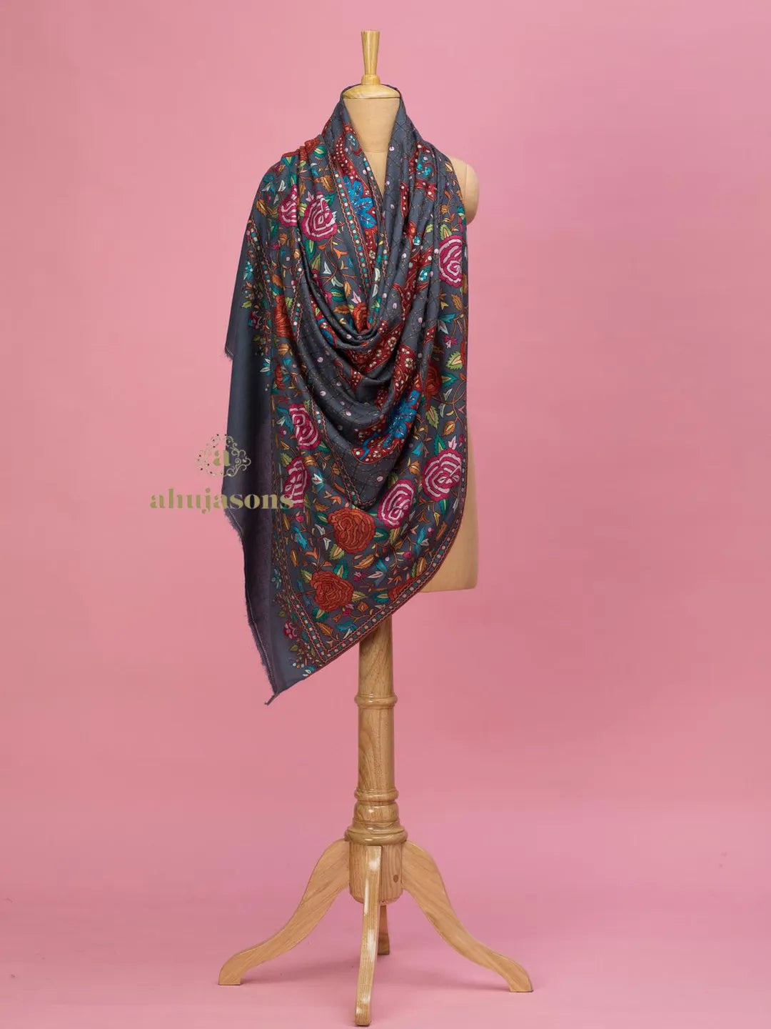 Elegant Handloom Pashmina Shawl Paper Mache Art in Grey