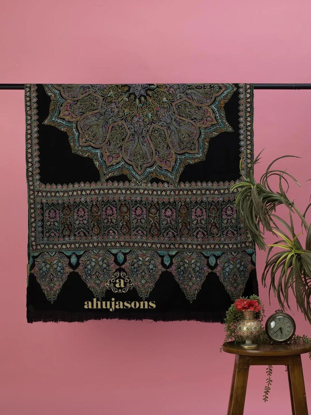 Elegant Handloom Pashmina Shawl Paper Mache Art in Black