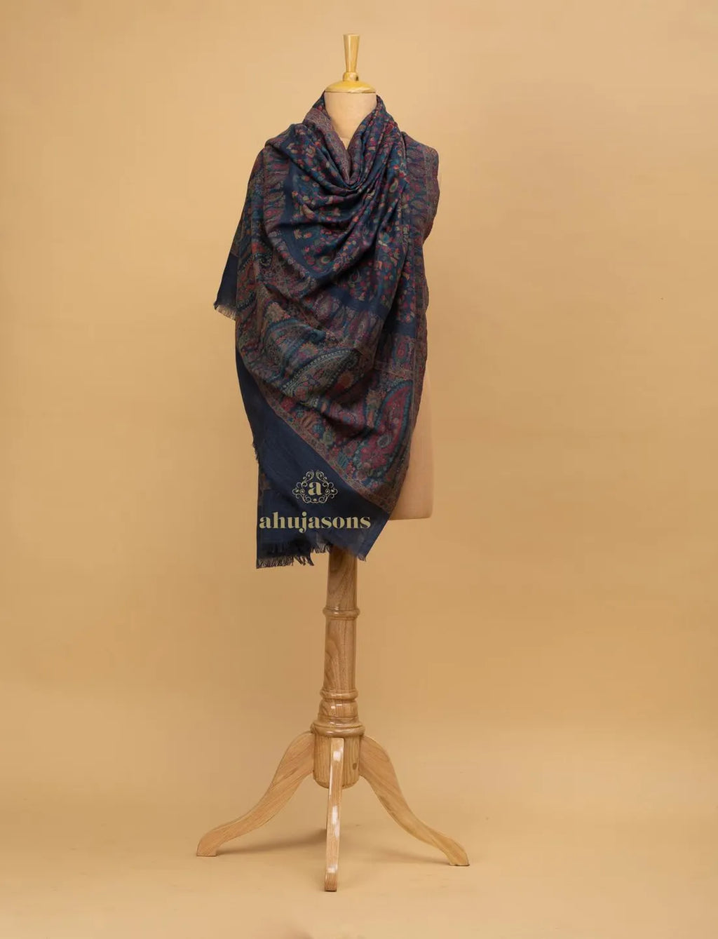 Elegant Shawl Wool Blend with Jaal Pattern in Blue