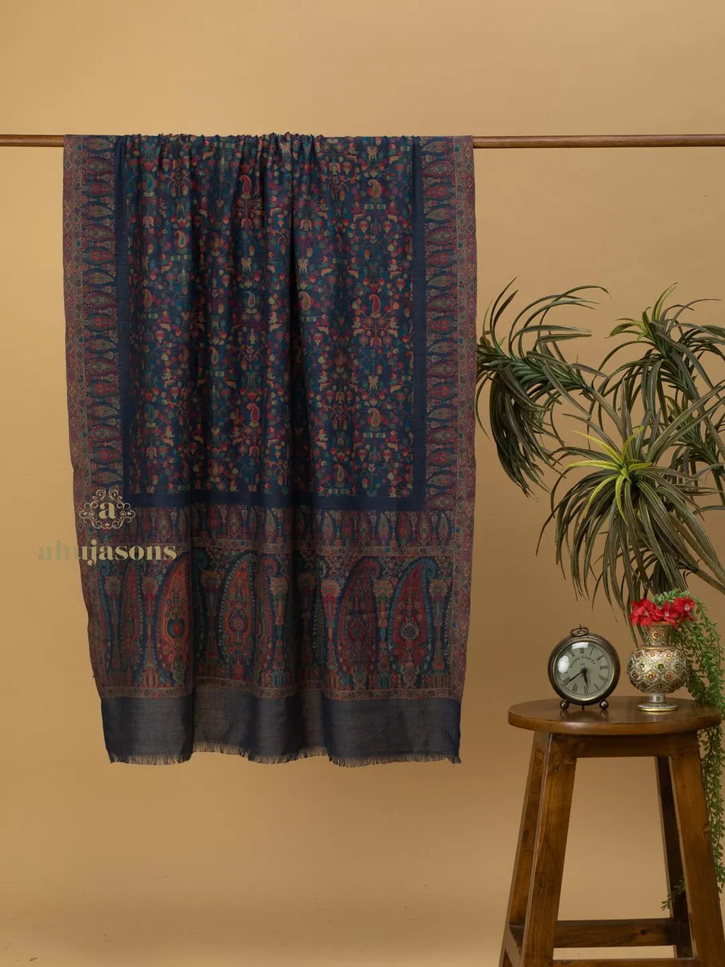 Elegant Shawl Wool Blend with Jaal Pattern in Blue