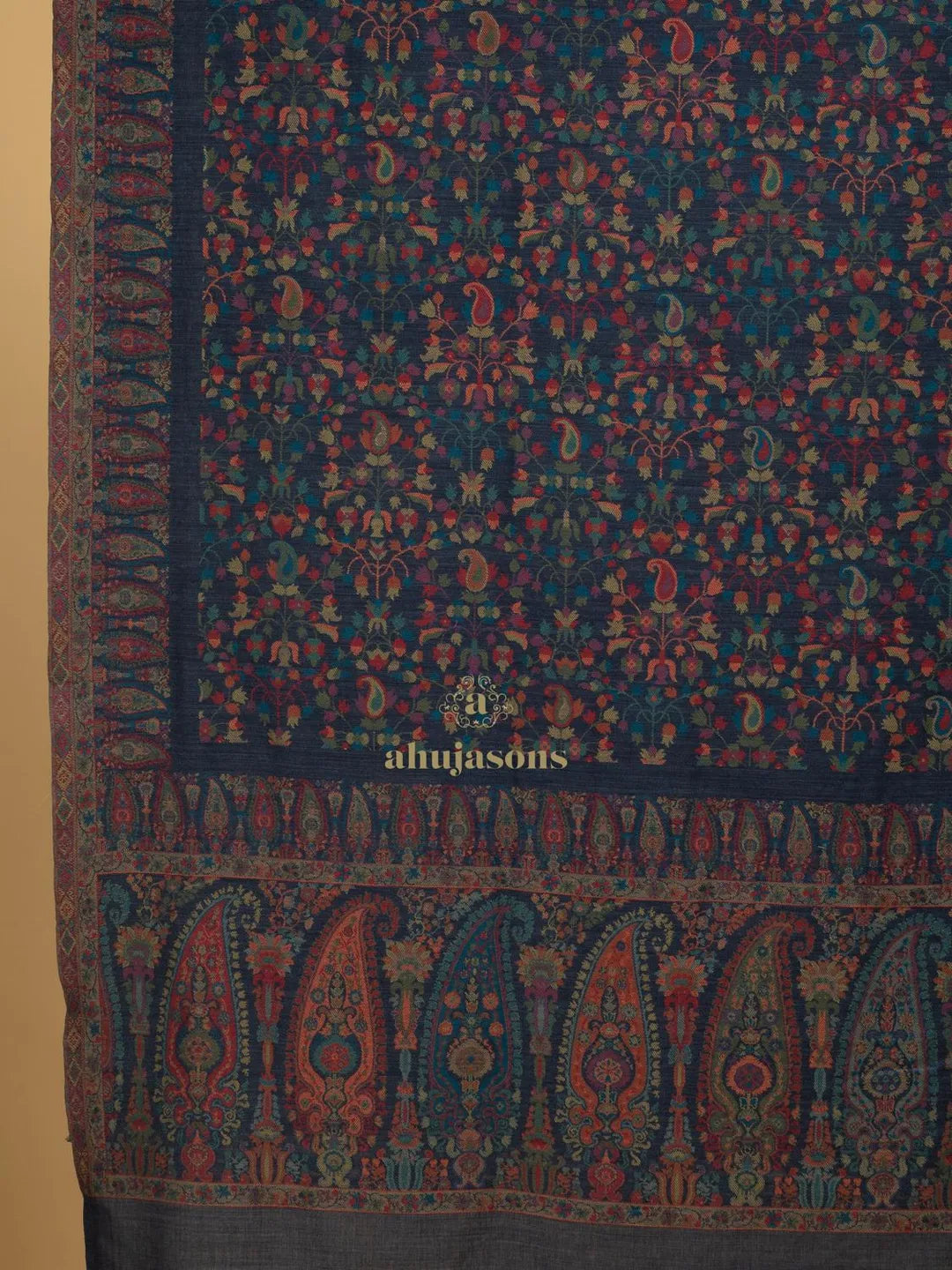 Elegant Shawl Wool Blend with Jaal Pattern in Blue