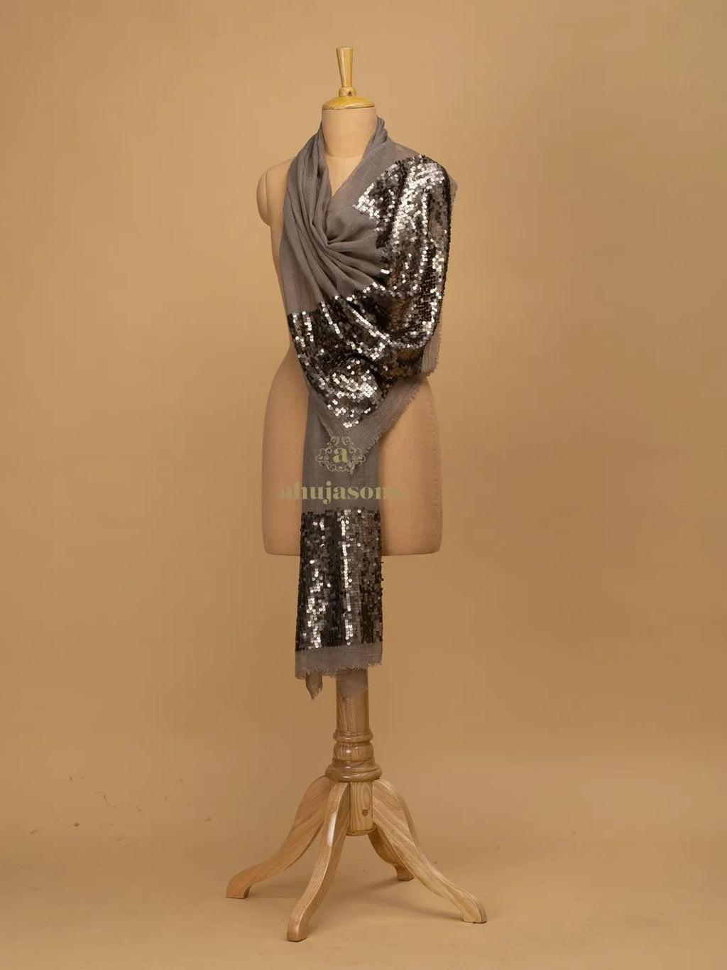 Elegant Stole Sequined Detailing with Sequence Pattern in Brown