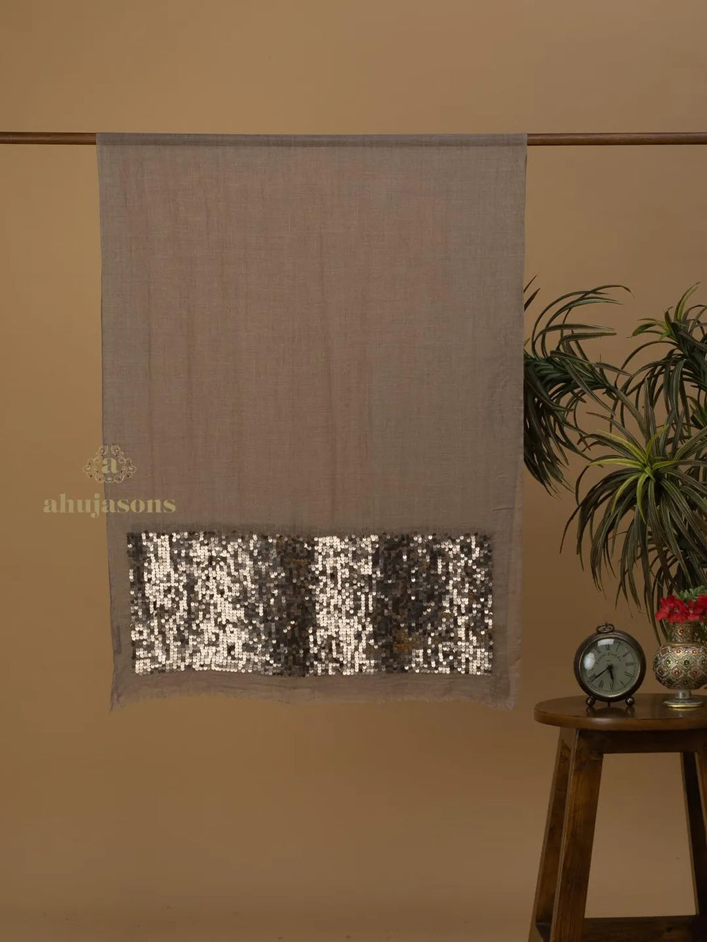 Elegant Stole Sequined Detailing with Sequence Pattern in Brown