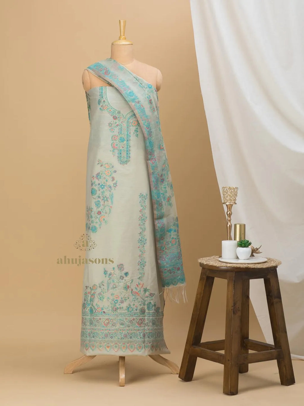 Chic Cream & Sea Green Cotton silk suit with zari weaving Statement