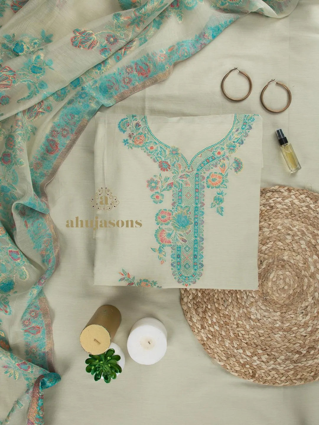 Chic Cream & Sea Green Cotton silk suit with zari weaving Statement