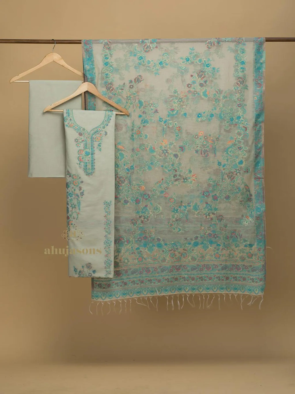 Chic Cream & Sea Green Cotton silk suit with zari weaving Statement