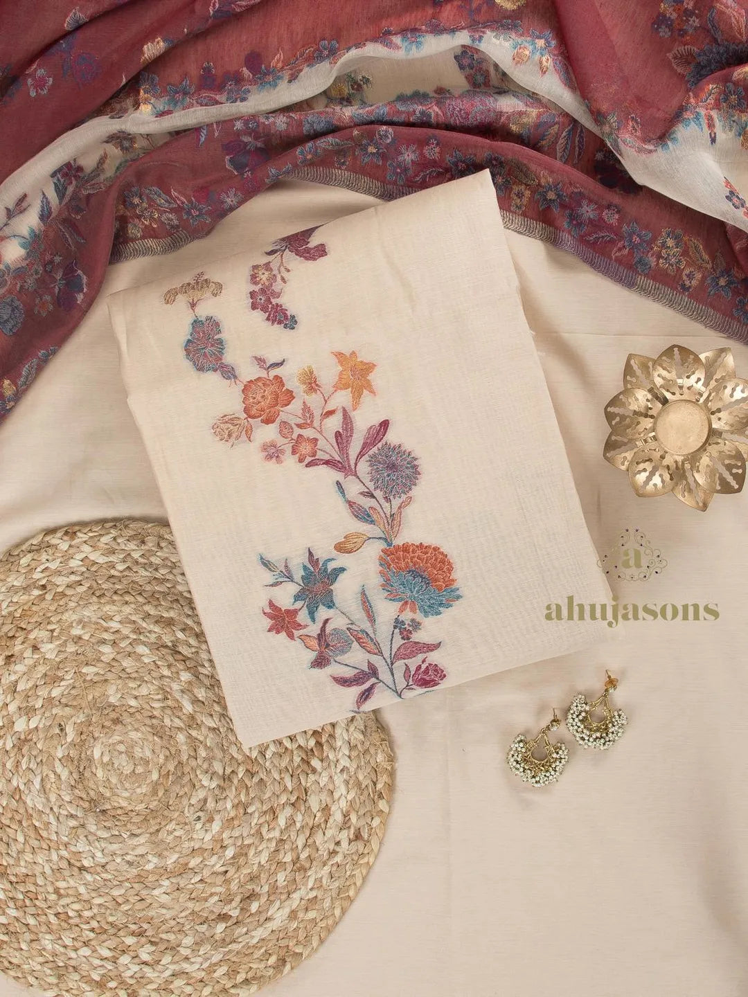 Cotton silk suit with zari weaving