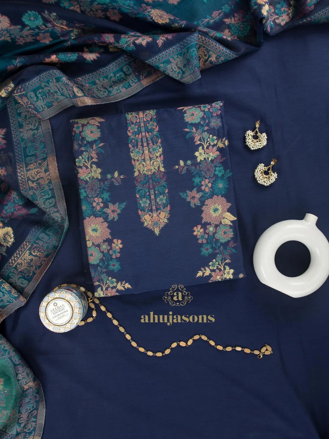 Cotton silk suit with zari weaving