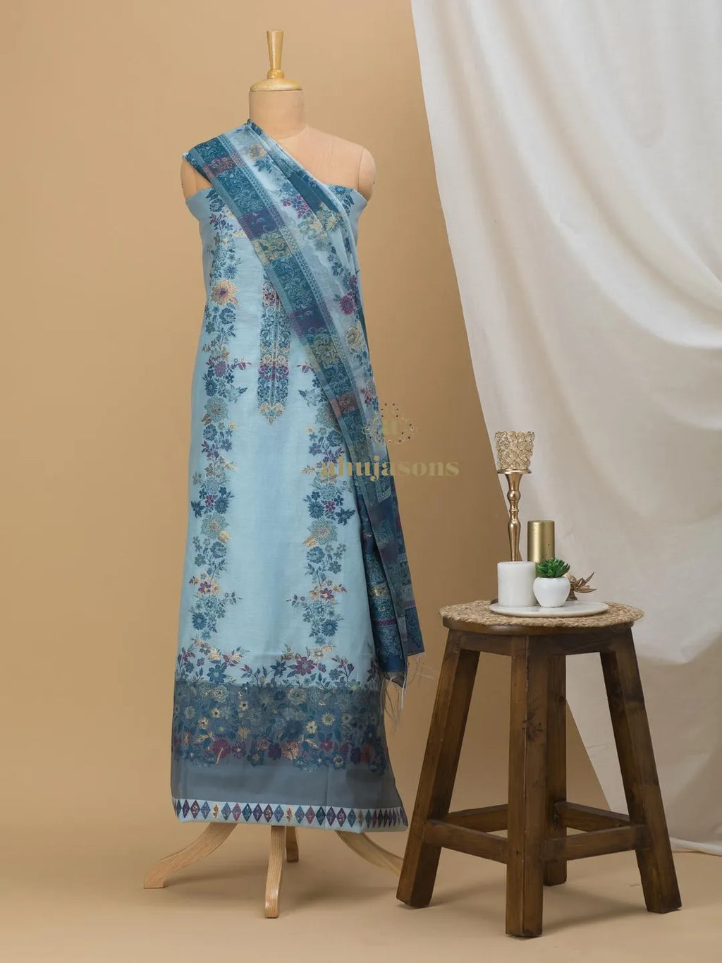 Elegant Blue Cotton silk suit with zari weaving Ensemble