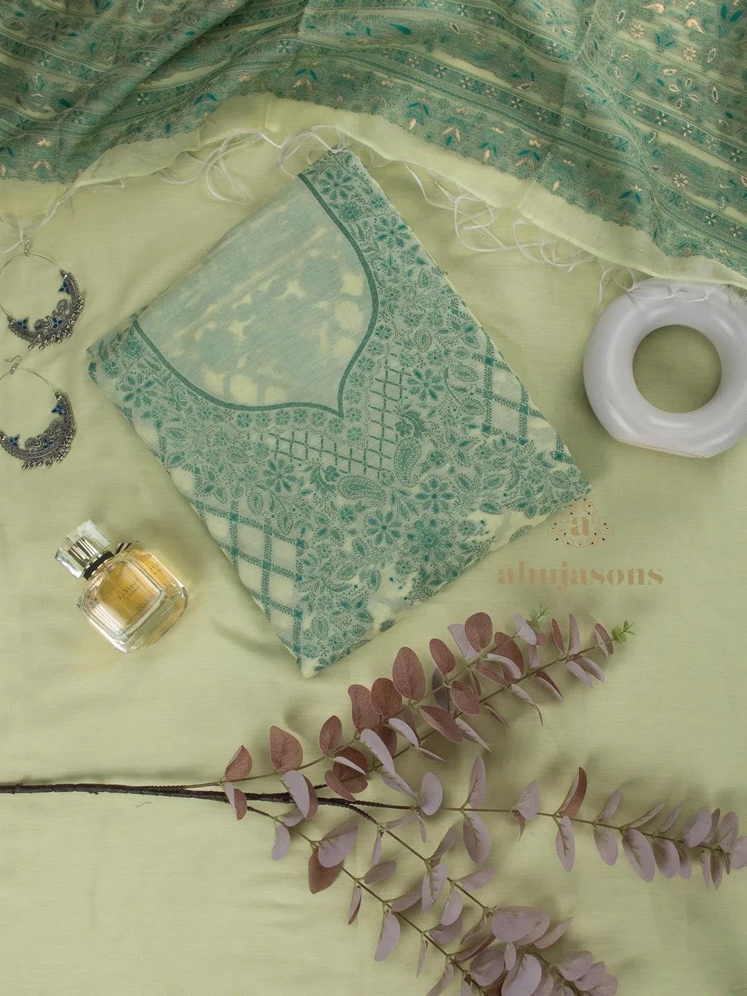 Cotton silk suit with zari weaving